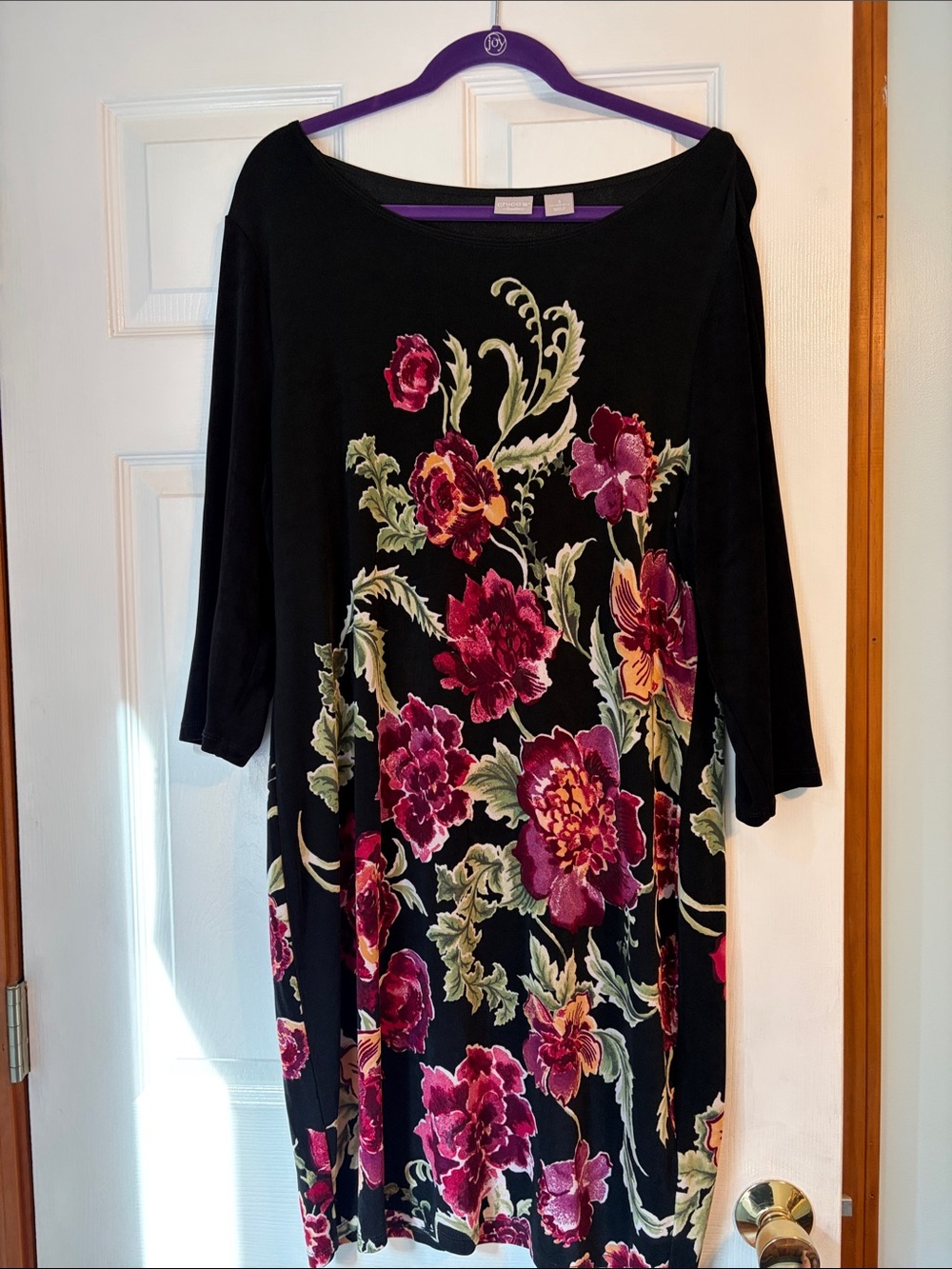 Chico's Traveler’s Black Dress with Pink & Green Floral Print